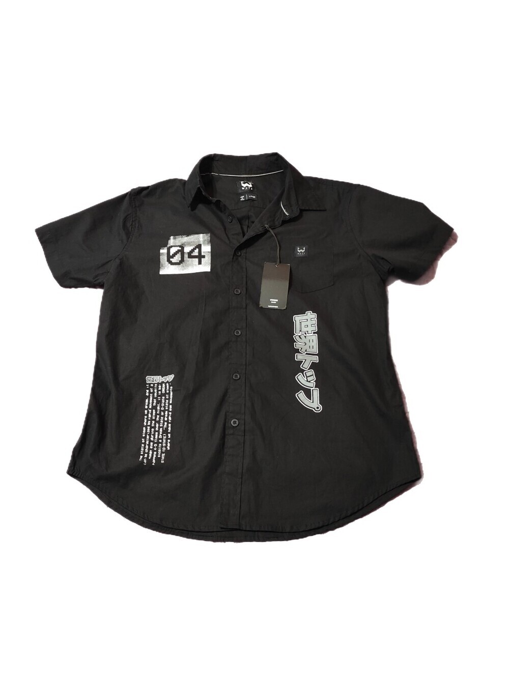 WXYZ Men's Black Graphic Button-Up Shirt Size Large NWT Y2K Japanese Streetwear